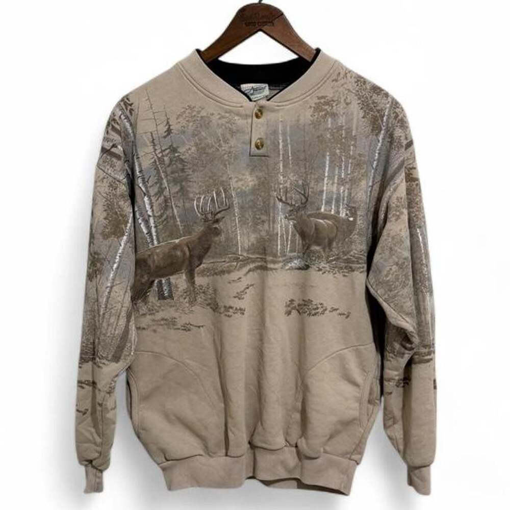 Vintage Artisans Screen Printing & Embroidery Tan Deer Forest Henley Sweatshirt